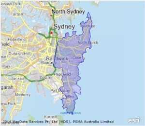Eastern suburbs region highlighted on a map of Sydney
